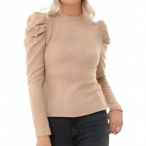 Pomander Place Tuckernuck Tan Puff Pearl Sleeve Sweater